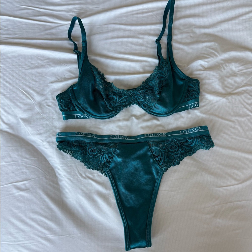 Lounge Underwear Teal Lace Silk Balcony Bra and Panty Set